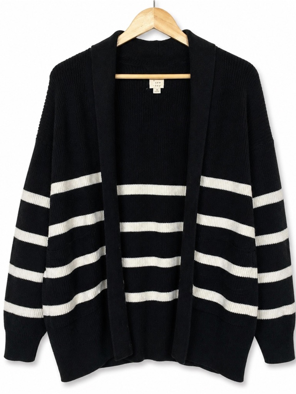 A‎ New Day Black White Striped Cardigan Shawl Collar Open Front Cozy Medium